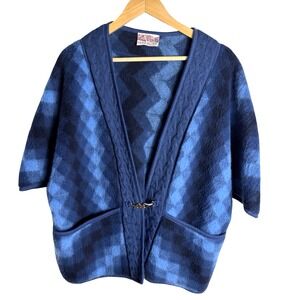 VTG Marbore Paris Wool Blend Cape Jacket‎ Blue Plaid Knit Trim Lg / EU 44 France